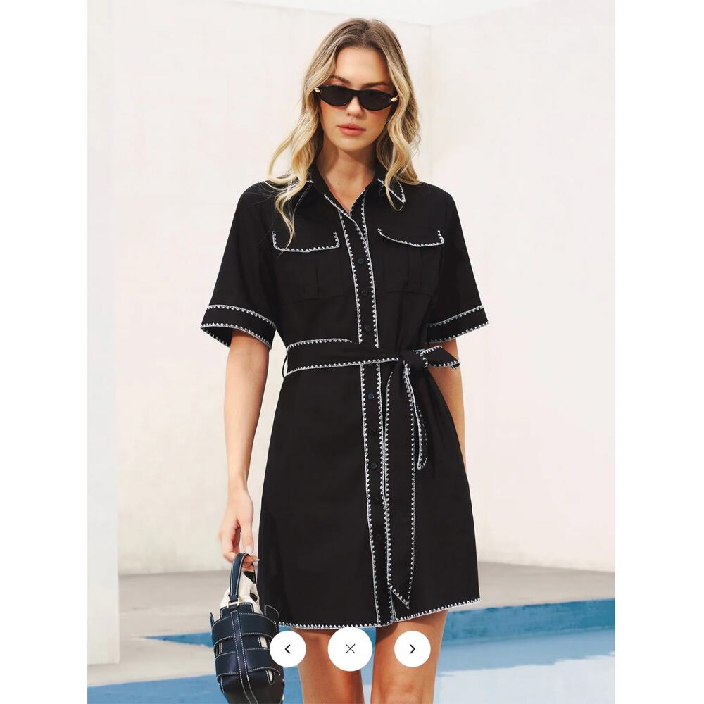 NWT Commense Contrast Stitch Belted Shirt Dress Sz L